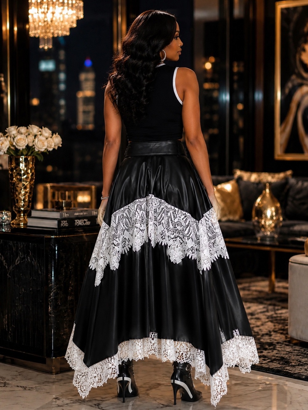 AKIRA Faux Leather Black Maxi Skirt White Lace Trim She’s Not For The Timid!!! - Picture 2 of 5